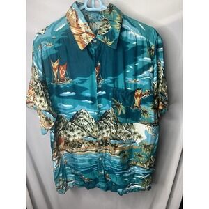 Vintage  Studio 35 Men Hawaiian Button Shirt‎ Mens M Unique Island Boat Volcano